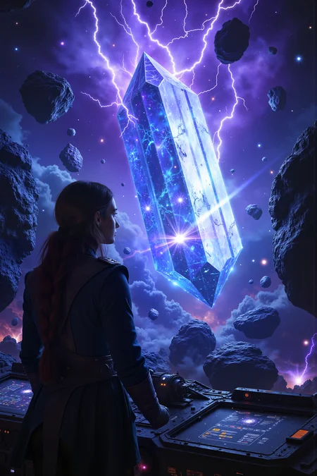In the middle of a swirling cosmic storm, a lone starship captain stands on the deck of her battered vessel, gazing out into the chaos as streaks of violet lightning crackle across the void. Her gloved hand grips the shipâs railing as the surrounding asteroids begin to pulse with an unnatural glow, slowly transforming into crystalline monoliths that shimmer in the dark expanse. The captainâs face is illuminated by the eerie, iridescent light, her eyes reflecting the shifting energy of the storm. Behind her, the crew scrambles to secure the ship, their movements quick but controlled, knowing that something far beyond their understanding is unfolding. The scene captures the intensity of space exploration with a mystical twist, evoking the cosmic wonder of classic sci-fi like Dune, blended with the surreal elegance of artists like Simon Stalenhag.<lora:aidmaMJ6.1-FLUX-V0.1:0.6><lora:Movie_Portrait><lora:Flux DetailerV2>