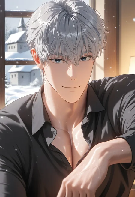 //General, masterpiece,best quality,amazing quality, source_anime, intricately detailed illustration, very aesthetic, absurdres, newest, anime coloring, subsurface scattering, , natural lighting, Expressiveh, detailed skin, shiny skin,aesthetics light, depth of field, vibrant colors,
//Fashion, black shirt, long sleeves,
//Background, castle interior, indoors, snow background outside the window,
//Others, 1boy, male focus, solo male, manly body,
//Action, looking at viewer, light smile, close up, upper body,
BREAK,
Zachary_De_Arno, grey hair, black eyes
