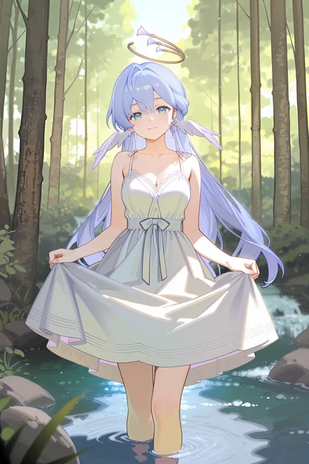 1girl, solo, robin \(honkai: star rail\), halo, head wings, sundress, white dress, spaghetti strap, bare legs, stream, wading, (skirt hold, curtsey: 1.2), looking at viewer, light smile, forest, depth of field <lora:Char-HonkaiSR-Robin-V2-IL:0.9:hr=0.7>,  kanzaki hiro, ciloranko, alphonse \(white datura\), (ask \(askzy\), gomzi, you shimizu: 0.7)
masterpiece, best quality, amazing quality, very aesthetic, absurdres, newest, (scenery, volumetric lighting), ray tracing, (bloom:1.4), cinematic