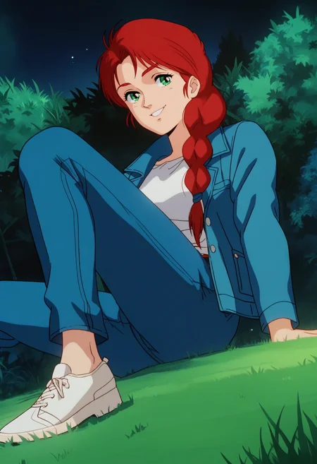 score_9, score_8_up, score_7_up, score_6_up, anime screencap, anime coloring, <lora:G0080CMV1_epoch_8:0.9>, G0080CM, red hair, green eyes, braided ponytail, hair over shoulder, breasts, 
blue jacket, white shirt, denim, jeans,
shoes, white footwear,
looking at viewer, smile, leg up, sitting, from below, 
BREAK outdoors, night, grass,