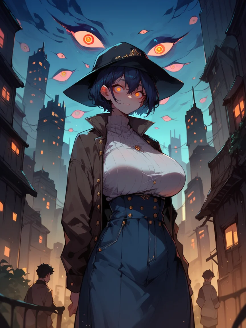 score_9, score_8_up, score_7_up, score_6_up, <lora:mult13y3XLP:0.7> mult13y3, multiple eyes, eyes, dark sky, night, city, 1girl, large breasts,