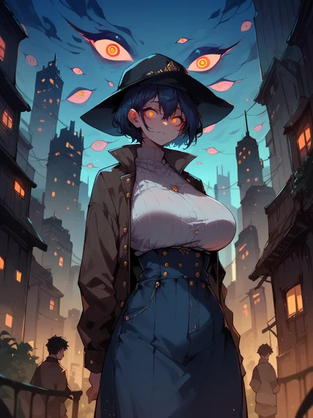 score_9, score_8_up, score_7_up, score_6_up, <lora:mult13y3XLP:0.7> mult13y3, multiple eyes, eyes, dark sky, night, city, 1girl, large breasts,