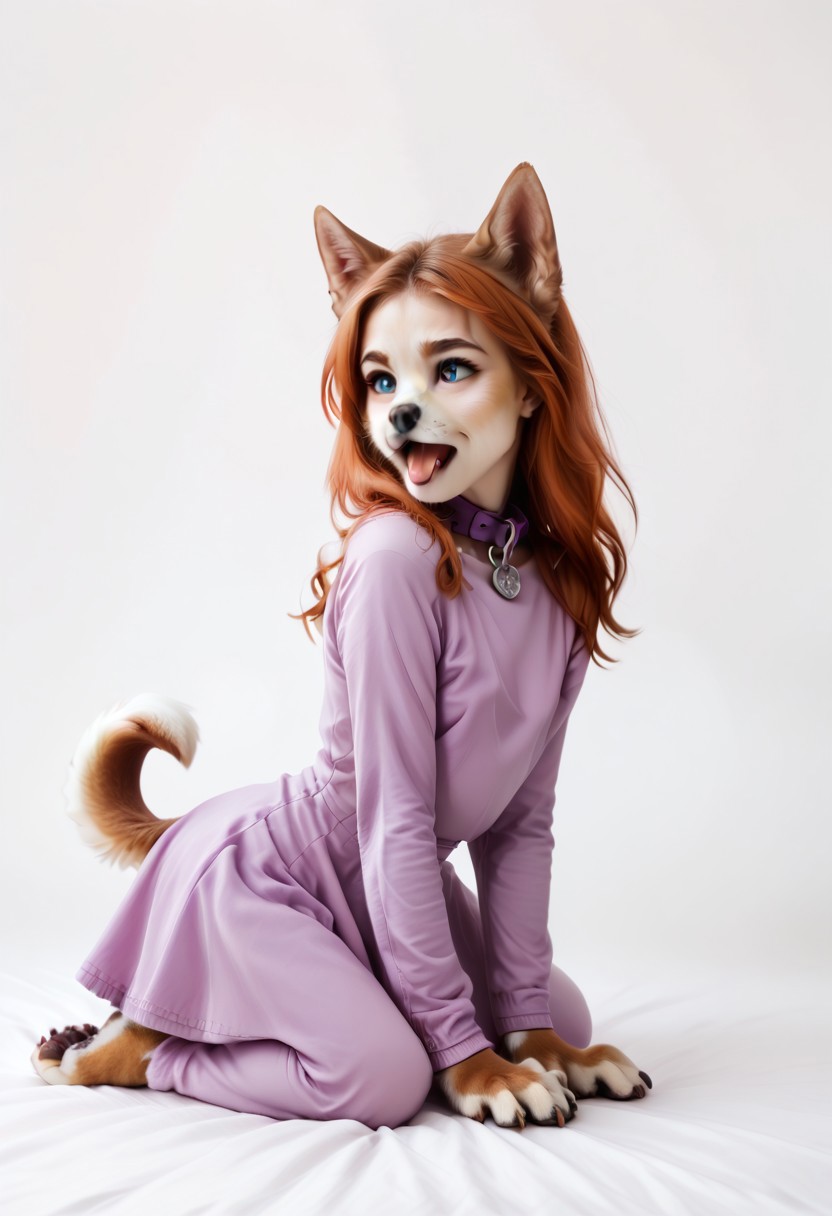solo, dog girl, dog ears, wearing long sleeve purple 1960's dress,  on all fours, paw pose, canine tongue, tongue out, exited, lavender leather dog collar, paws, (raised tail under skirt), side view, external, in a meadow, human eyes, ((corgi dog muzzle)) , canine hind paws, canine hands, sitting like a dog, orange hair, hair in shoulder length style with bangs, in the style of Daphne from scooby doo, no human ears