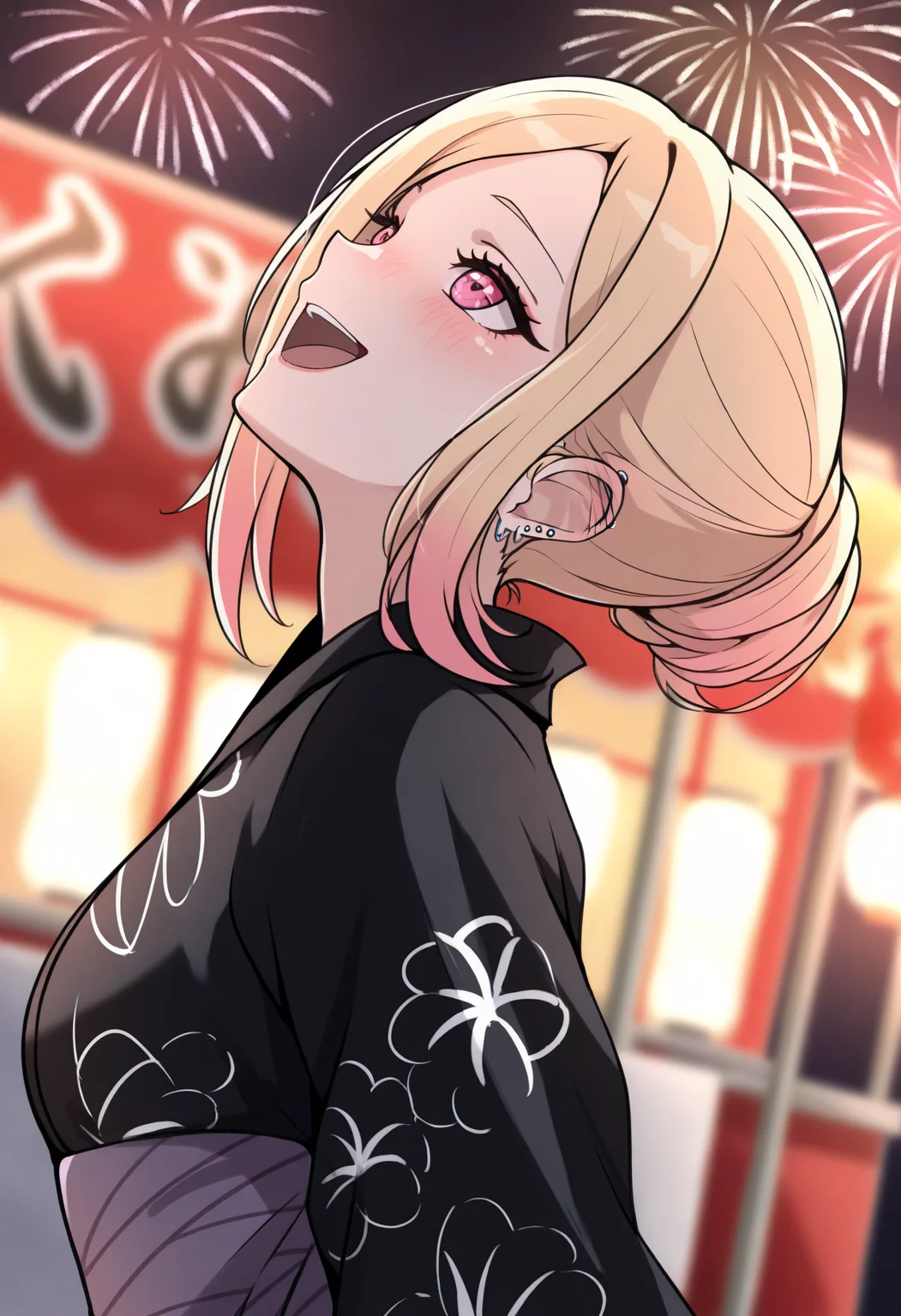 masterpiece, best quality, 1girl, solo, ktgw, long hair, swept bangs, multicolored hair, colored tips, blonde hair, pink eyes, large breasts, ear piercing, forehead, single hair bun, black kimono, print kimono, food stand, festival, night, aerial fireworks, dutch angle, from side, looking up, big smile, open mouth, blush, dark theme, <lora:Hoseki_MyDressUpDarling_MarinKitagawa_IllustriousXL_v1:1>
