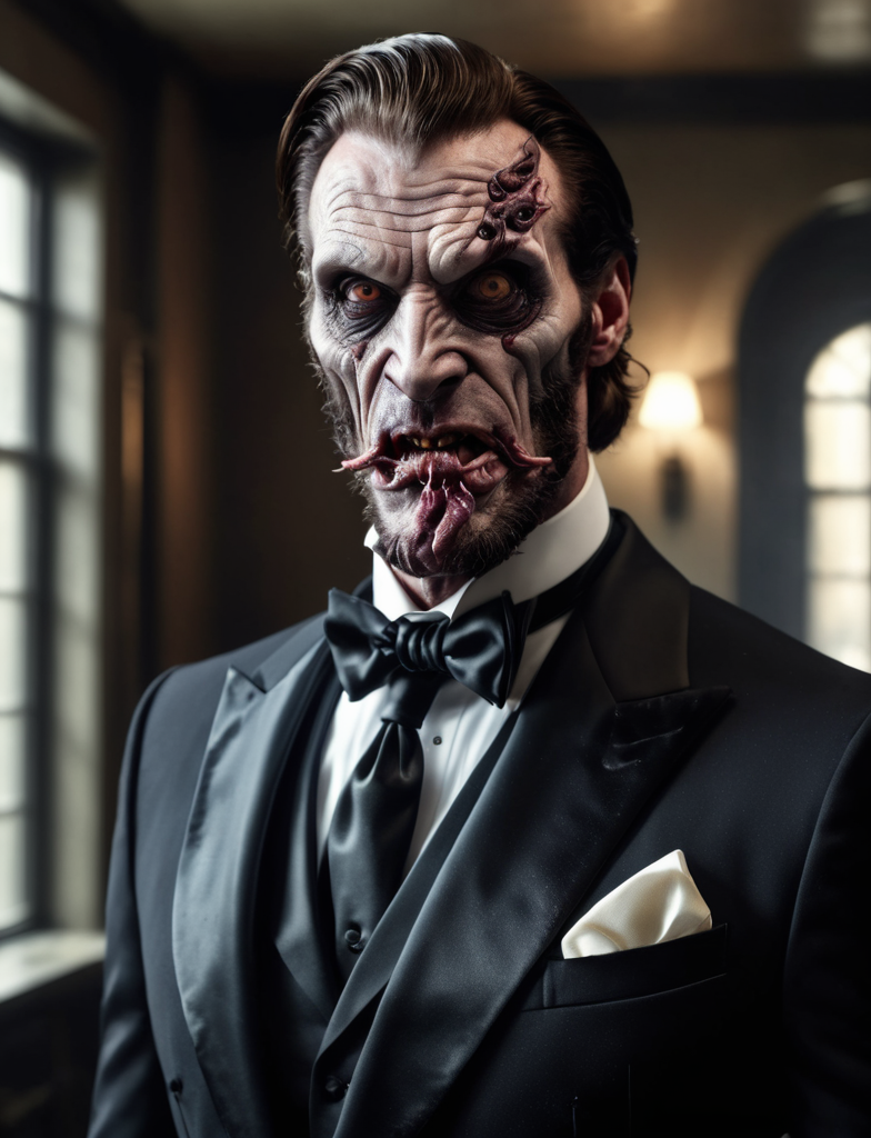best quality,masterpiece,raw photo,realistic,portrait of a fleshmutant man,close-up,tuxedo,indoors,<lora:XLFleshMonstrosityV2:1>