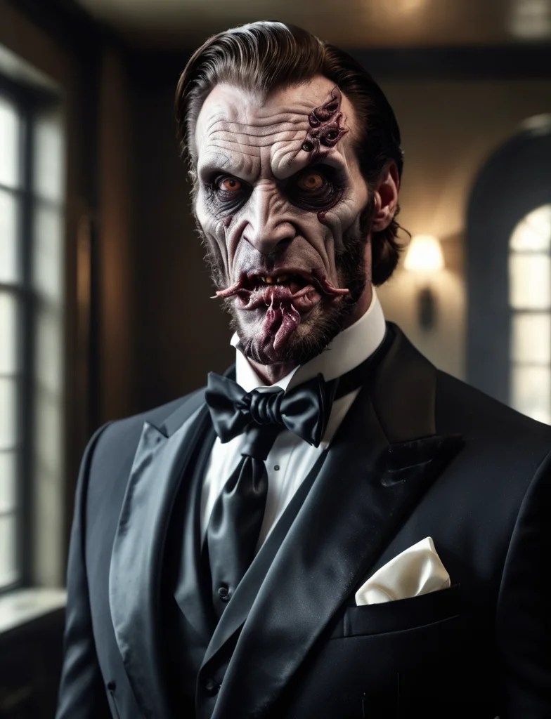 best quality,masterpiece,raw photo,realistic,portrait of a fleshmutant man,close-up,tuxedo,indoors,<lora:XLFleshMonstrosityV2:1>