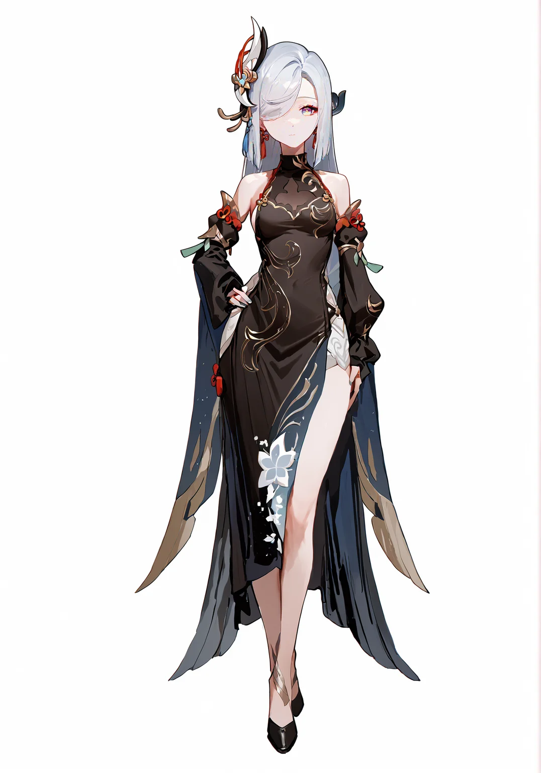 score_9, score_8_up, score_7_up, score_6_up, 8k,
8k, best quality, masterpiece, (ultra-detailed:1.1), (high detailed skin),
(full body), white background, standing, looking at viewer, (solo), hand on hip,
<lora:ganshenxianre-pony-Tanger-000003:0.8>,shenhe \(genshin impact\),Shenhe's new year's clothes,1girl, black dress, hair over one eye, long hair, hair ornament, detached sleeves,
(beautiful_face), ((intricate_detail)), clear face,
((finely_detailed)), fine_fabric_emphasis,
((glossy)), full_shot, <lora:agm-artist-richy-v1_pdxl:0.7>,