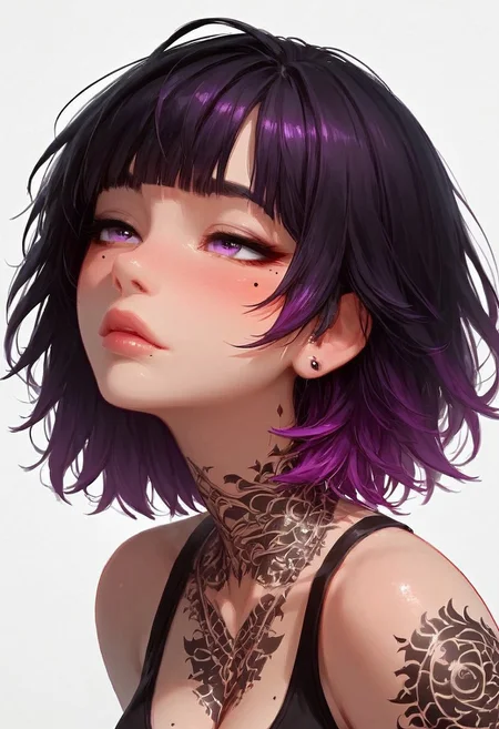 (score_9, score_8_up, score_7_up), <lora:wolf_cut:1.5>, a close-up shot focusing on a girl collarbone and up, (((portrait shot, face focus))), solo, 1girl, wolfCut, (bangs), (two-toned hair), black and purple hair, small perky breasts, cleavage, pretty face, blush, purple eyes, ((mole under left eye)), (modern tattoos),((tattoo on chest)),pale skin, makeup, sports bra, vivid colours, Expressiveh, (white background)