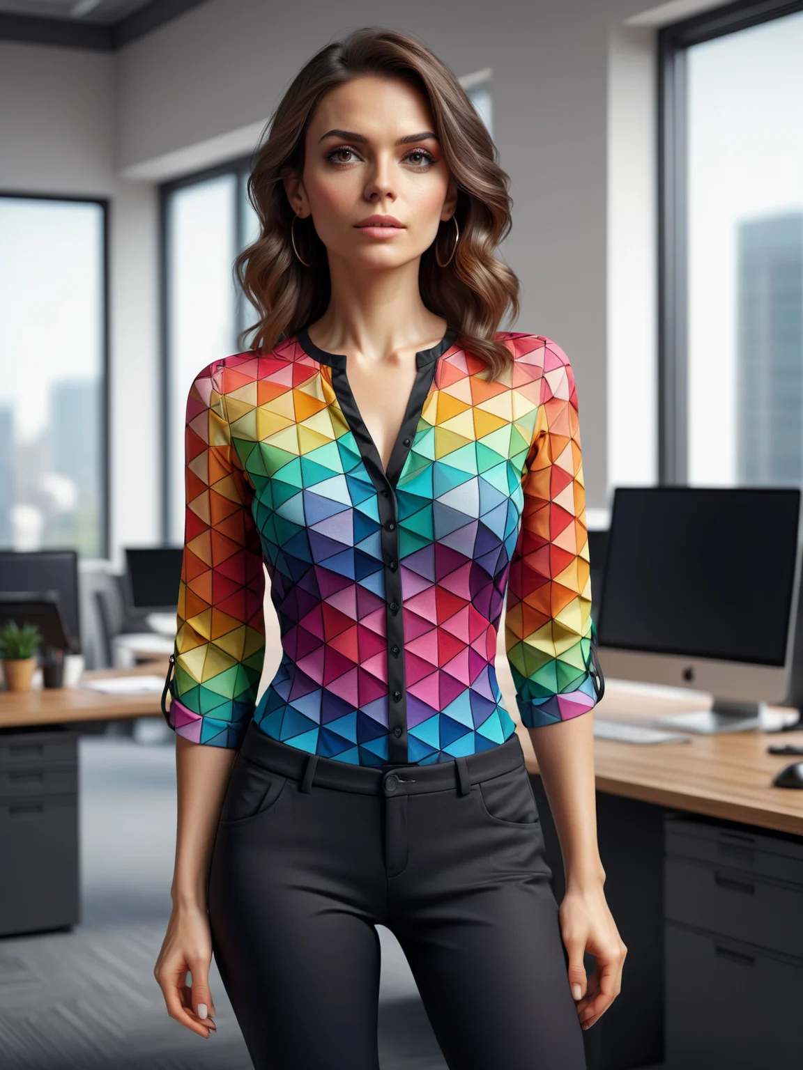 woman wearing a colorful mad-triangle blouse and black capris standing in office, dynamic pose <lora:Colorful_Triangles_SDXL:0.8>, (masterpiece:1.2), best quality, (hyperdetailed, highest detailed:1.2), high resolution textures
