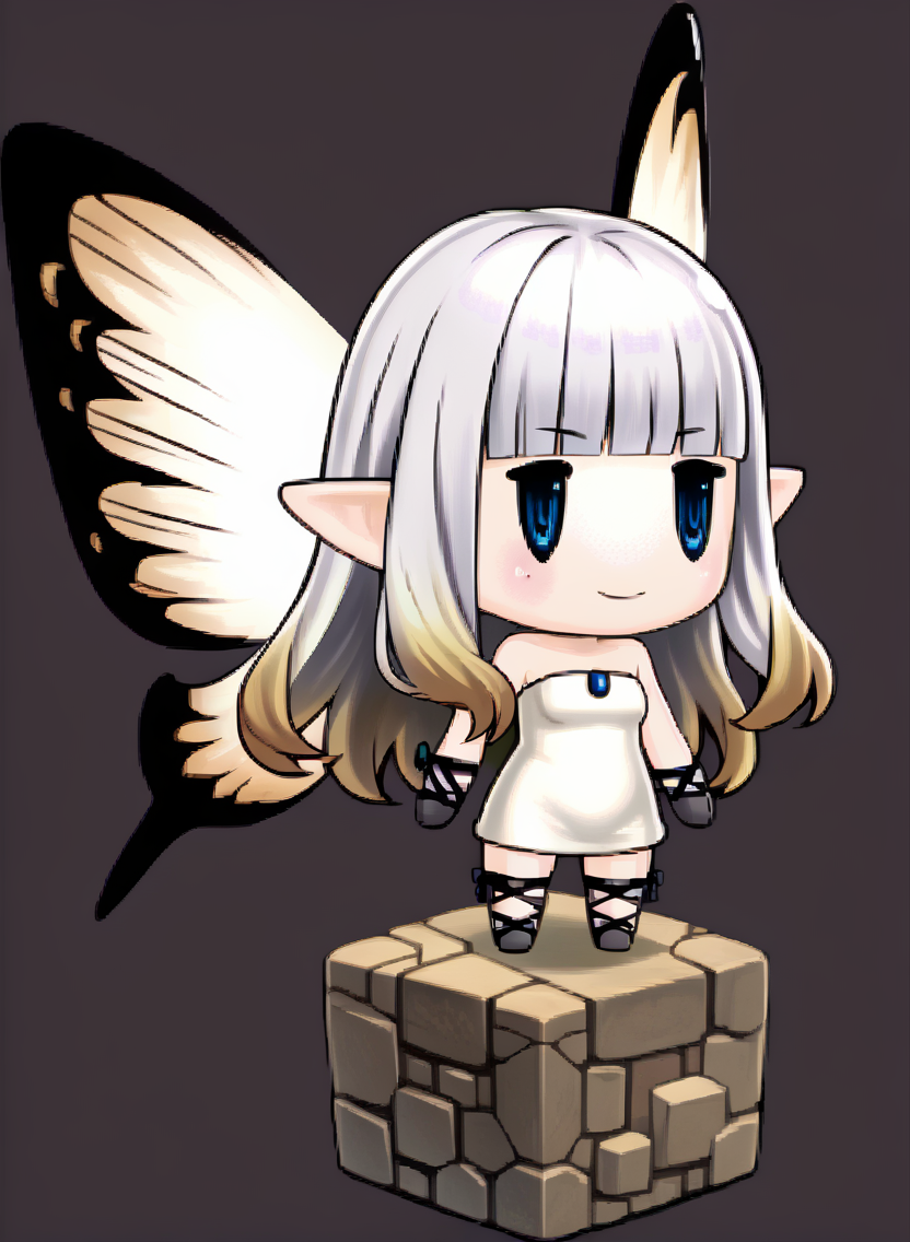 score_9, score_7_up, source_anime, solo, 1girl, smile, <lora:zs_PictlogicaStyleXL:1> ffpictlogicastyle, chibi, full body, faux figurine, <lora:AiryBD-pdxl:1> airyBD, long hair, blunt bangs, gradient hair, pointy ears, white dress, short dress, strapless, fairy wings, black gloves, fishnet gloves, fishnet thighhighs