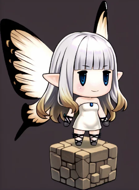 score_9, score_7_up, source_anime, solo, 1girl, smile, <lora:zs_PictlogicaStyleXL:1> ffpictlogicastyle, chibi, full body, faux figurine, <lora:AiryBD-pdxl:1> airyBD, long hair, blunt bangs, gradient hair, pointy ears, white dress, short dress, strapless, fairy wings, black gloves, fishnet gloves, fishnet thighhighs