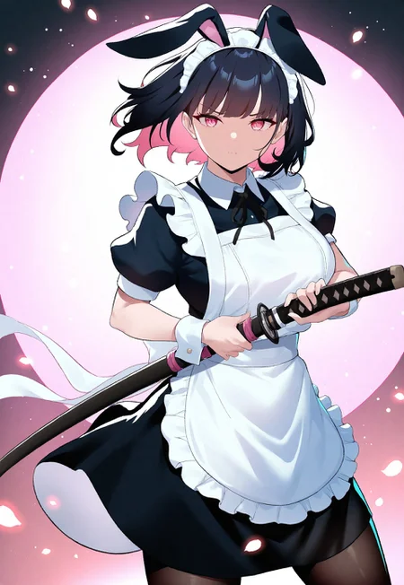 masterpiece, best quality, newest, absurdres, highres, 1girl, black hair, maid outfit, bunny ears, red and pink hues, cute-chibi elements, pink, katana, iaidou,weapon, katana, holding sword, ready to draw, sheathed, unsheathing, scabbard, determined expression, black ribbon, short hair, absurd, wind, particles, cowboy shot, abstract background, shapes, dreamy, failling petals, cherry trees,