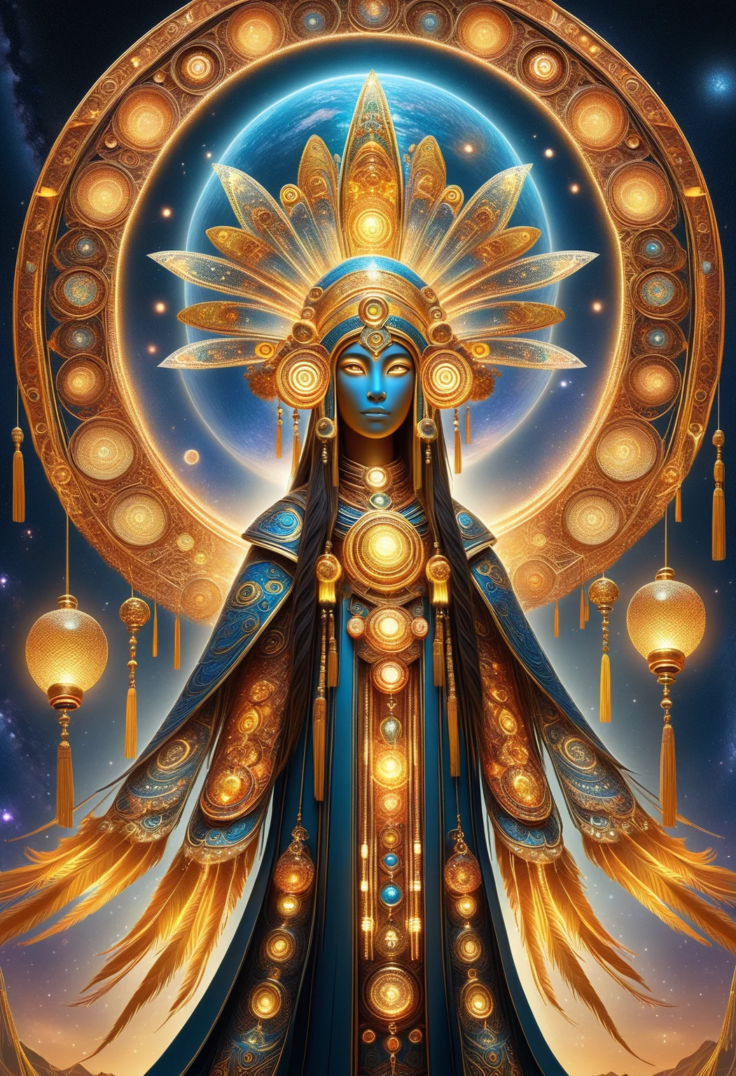 hyper detailed masterpiece,realistic,DonM1un4rN3wY34rXL female aasimar, exoplanetary geologist,, chieftain's totem in extraterrestrial, interplanetary, equinox, solar flare,ornamented <lora:myLora\DonM1un4rN3wY34rXL-000006:.8>,