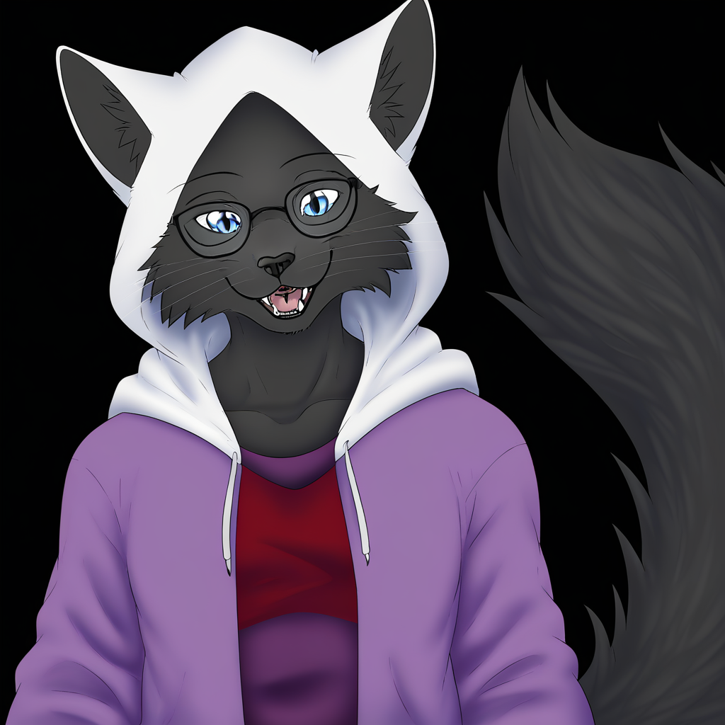 Large shoulders, Furry, blue eyes, white hood, purple shirt, Smiling, black claws, furry, anthro, red clothes, feline, long tail, thin body, glasses, Black Fur, black nose