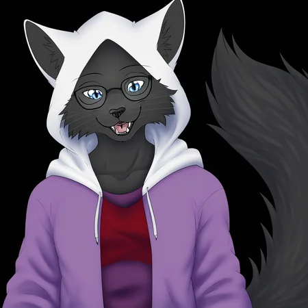Large shoulders, Furry, blue eyes, white hood, purple shirt, Smiling, black claws, furry, anthro, red clothes, feline, long tail, thin body, glasses, Black Fur, black nose