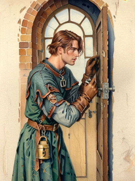score_9, score_8_up, score_7_up, oblivionarts, solo, padlock, 1boy, male focus, gloves, lockpicking, door, lockpick in hand, simple background, traditional art, medieval aesthetic, <lora:Oblivion:1>