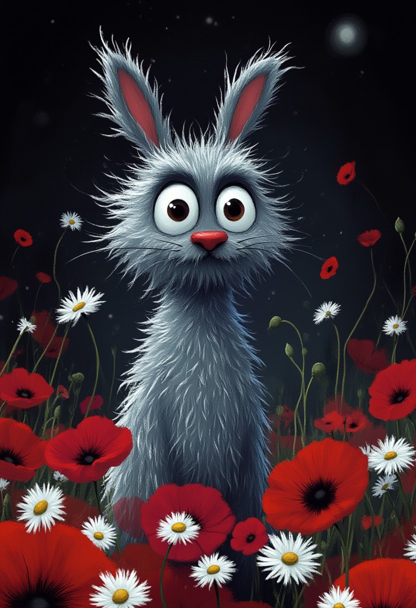 A whimsical illustration of a scraggly hare with matted fur in dark whimsical art style, standing among red poppies and white daisies, digital painting with expressive brushstrokes showing textured fur, dark meadow background, characteristic Tim Burton inspired design with huge violet eyes and twitching nose