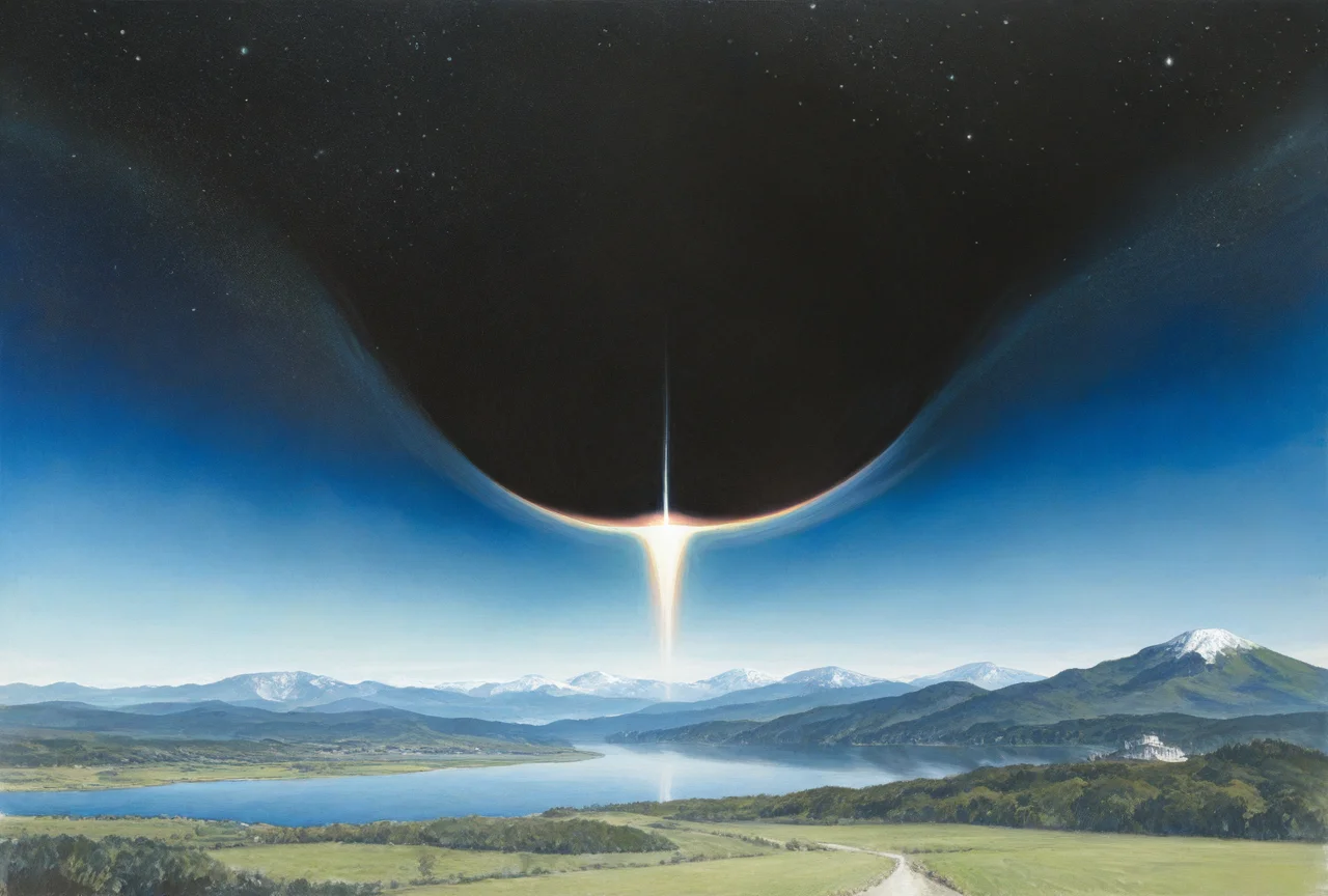 best quality, amazing quality, very aesthetic, absurdres, masterpiece, negative, inverted colors,
(nihei tsutomu:0.8), realistic, traditional media,
no humans, landscape, lake, mountain, mountainous horizon,
black hole, eerie, eldritch, cosmic, starry sky,
<lora:norman_rockwell_illustrious_v0_1_v1:0.5> , norman rockwell,
