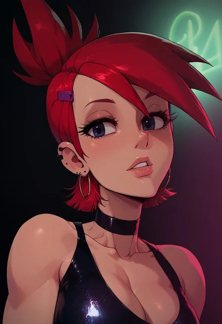 score_9, score_8_up,score_7_up, score_6_up, source_hentai, rating_explicit, uncensored, masterpiece, perfect face, Tenebrism, chiaroscuro, dynamic lighting, particle lighting, close up, 1girl, 
Nightclub, bar, (red disco dress), choker,
clean bold lines, masterpiece, stunningly shot, hyperrealism, 8k Sony Alpha α7, ISO1900, cinematic portrait, 
Frankie Foster \(Foster's Home For Imaginary Friends\)
