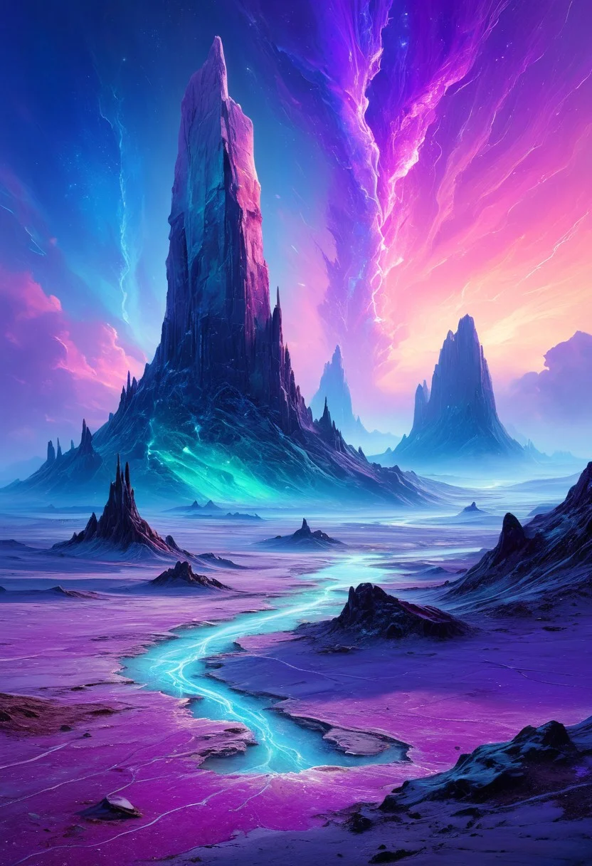 A hyper-realistic digital art depiction of a surreal cold desert merging arctic tundra with unexpected geothermal bursts. Ethereal ice-crusted plateaus and towering iridescent rock spires punctuate a sprawling alien steppe under a nebulous sky swirling with stormy violet and steel blue hues. Luminous neon fissures trace intricate lines through frost-bound earth, while delicate bioluminescent flora emit soft pulses of coral and emerald. Wispy mists and ambient vapor trails merge with subtle crystalline reflections, evoking a magical blend of futuristic mysticism and rugged natural wonder. Masterpiece quality, 8k resolution, digital art, atmospheric chiaroscuro, and fantastical geological marvels.