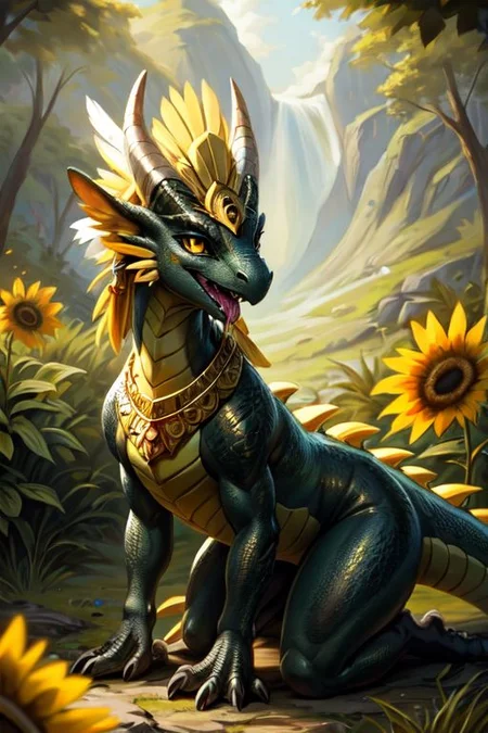 (award winning photography:0.6), (nature photography:0.6),
Tilt-shift, ((full shot)),
dragon, (raptor:0.5) scalie, female, detailed black scales, detailed vivid scales, intricate iridescent scales, detailed face, detailed eyes, (big eyes:0.5), claws, fangs, (kobold:1.2), horns, ears, oily, glossy skin, green hands, (green chest), yellow eyes, horns, black skin,
cute, young, (toned body:0.3), elegant, beautiful, bright eyes, expressive eyes, eyelashes, feminine, thick thighs, slim body, cute-fine-face,
round head, cute face, reflective eyes,
open mouth, smile, shiny, sharp teeth, half closed eyes,
(surrounded by sunflowers:0.9), (meadow:0.4), (jungle:0.5),
kneeling, looking to the side, saliva, drooling, high angle,
((big yellow feather headdress)), long yellow crest feathers, yellow feather ornaments,
iridescent gold, golden necklace, golden bracers,
<lora:dragon:0.2>,
<lora:Tangbohu Detail Tweaker:-0.1>,
<lora:nanachi:0.3>,
<lora:Velociraptor_Dino:0.2>,
<lora:GAME_Gerudo_riju_aiwaifu69:0.4>;
by ulitochka, by darkgem, by thesecretcave, by silverfox5213, by hioshiru, by carrot,
Volumetric lighting, Rim lighting,
noon, blue sky, waves, birds in the sky, cove, coast,
((on the beach, tropical sea, horizon, sunlight)),
(ambient light on the body),
Ray tracing, concept art, highly detailed, ((masterpiece)), ((best quality)) cinematic composition, ultra realistic, (high detail:1.3), sharp focus