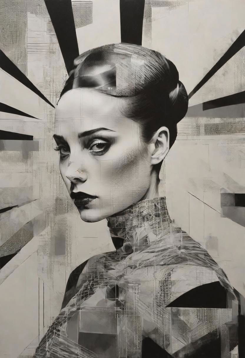 pop surrealism, rough crosshatch drawing pop art Lunatic_Portrait of a girl in latex, slick back, low bun, black makeup, avant-garde, abstract, weird, geometric, constructivism, suprematism, rayonism, verticism, tj