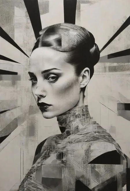 pop surrealism, rough crosshatch drawing pop art Lunatic_Portrait of a girl in latex, slick back, low bun, black makeup, avant-garde, abstract, weird, geometric, constructivism, suprematism, rayonism, verticism, tj
