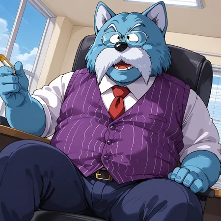 anthropomorphic dog, male, blue fur, large white mustache, pointed ears, overweight, big belly, fat, round body, black dot eyes, dot eyes view, wide body, broad shoulders, thick arms, wide face, black nose, large glasses, rectangular shaped glasses, Purple striped vest, Long-sleeved white shirt, Red tie, Navy blue wide leg pants, black shoes, 4k, masterpiece, best quality, detailed background, sexy pose, sitting in an office chair, with one hand on his chin, modern office background and wide window. close up, very closer, upper body, perfect angle, open mouth, grin, smile, happy, teeth