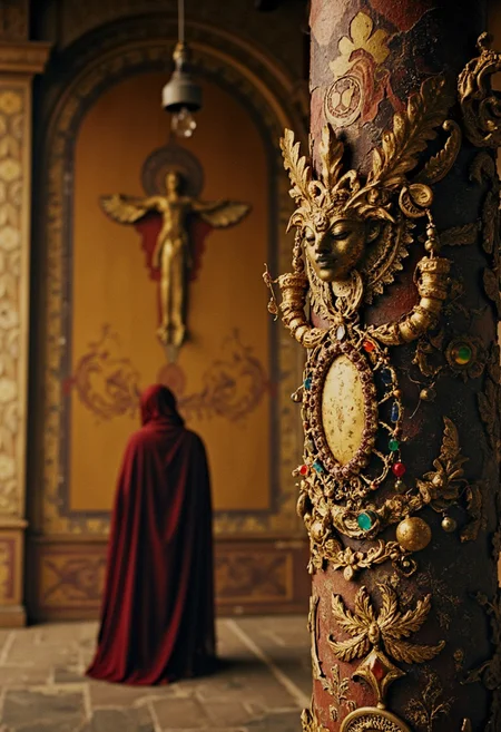 Vibrant Colorful Realistic analog photo, very detailed, hyper detailed, photorealistic, uhd, 4k, a DARK scenery of a Castle hall and the bedouin King with jewelery and golden tiles at the Wall, Realistic analog photo, awesome, high Quality, photorealistic, atmospheric lighting, volumetric lighting, cinematic, Epic Film Quality. intricately royal, stunning detailed