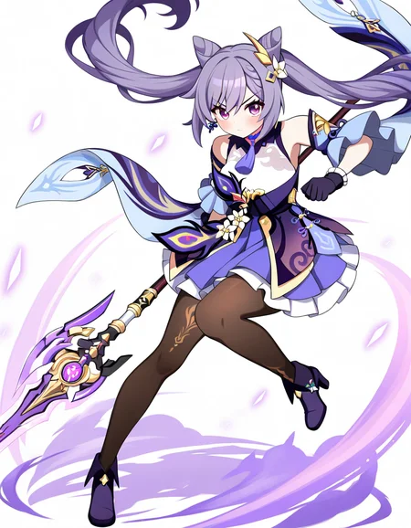 1girl, keqing \(genshin impact\),
simple background, breasts, solo, weapon, medium breasts, pantyhose, polearm, very long hair, gloves, wide sleeves, bare shoulders, spear, blush, pantyhose under shorts, long hair, purple footwear, purple eyes, holding weapon, white background, black pantyhose, cone hair bun, high heels, holding polearm, boots, standing, shorts under dress, detached sleeves, v-shaped eyebrows, holding, standing on one leg, hair bun, twintails, full body, purple dress, closed mouth, black gloves, looking at viewer, dress,
masterpiece, best quality, very aesthetic, newest, absurdres, incredibly absurdres
<lora:gummyrise:1>
