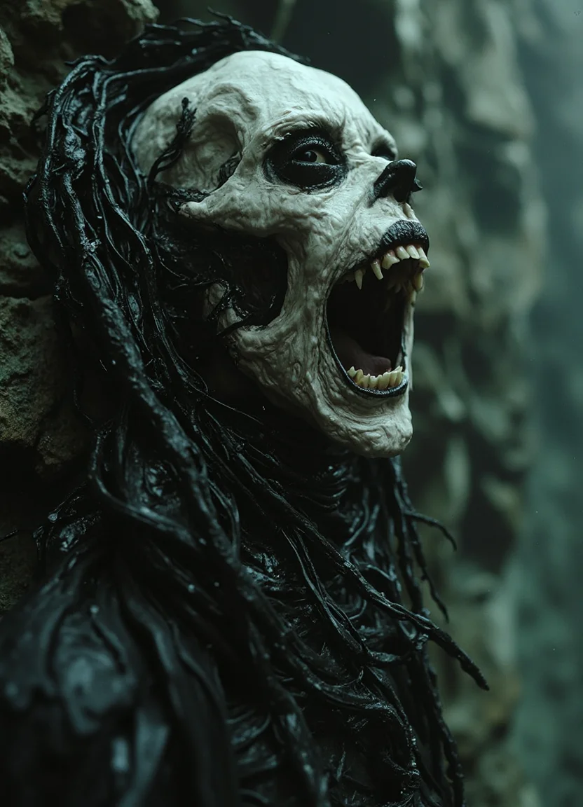 hyperrealistic art This image presents a hauntingly realistic depiction of a zombie-like creature emerging from a dark, murky pool of water. The creature's head and upper torso are visible above the surface, its pale skin contrasting with the surrounding darkness.
The creature's face is distorted, with sunken eyes that seem to stare into the soul. Its mouth is open, revealing crooked teeth stained yellow by decay. A thick layer of mucus covers its lips and chin, adding to the overall sense of horror and disgust.
In the background, a dark forest looms, with trees looming in the distance. The atmosphere is tense and foreboding, as if something sinister lurks just beneath the surface of the water. The image's use of shadows and lighting creates an eerie mood, drawing the viewer's attention to the creature's grotesque features.
Overall, this image is a masterclass in horror photography, capturing the essence of terror and unease with a single, haunting shot. extremely high-resolution details, photographic, realism pushed to extreme, fine texture, incredibly lifelike