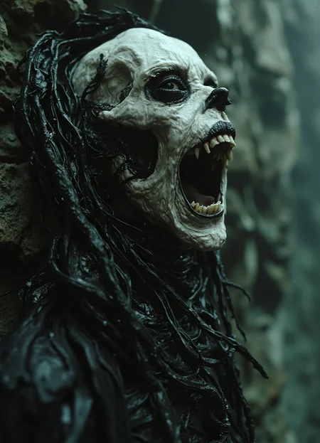 hyperrealistic art This image presents a hauntingly realistic depiction of a zombie-like creature emerging from a dark, murky pool of water. The creature's head and upper torso are visible above the surface, its pale skin contrasting with the surrounding darkness.
The creature's face is distorted, with sunken eyes that seem to stare into the soul. Its mouth is open, revealing crooked teeth stained yellow by decay. A thick layer of mucus covers its lips and chin, adding to the overall sense of horror and disgust.
In the background, a dark forest looms, with trees looming in the distance. The atmosphere is tense and foreboding, as if something sinister lurks just beneath the surface of the water. The image's use of shadows and lighting creates an eerie mood, drawing the viewer's attention to the creature's grotesque features.
Overall, this image is a masterclass in horror photography, capturing the essence of terror and unease with a single, haunting shot. extremely high-resolution details, photographic, realism pushed to extreme, fine texture, incredibly lifelike