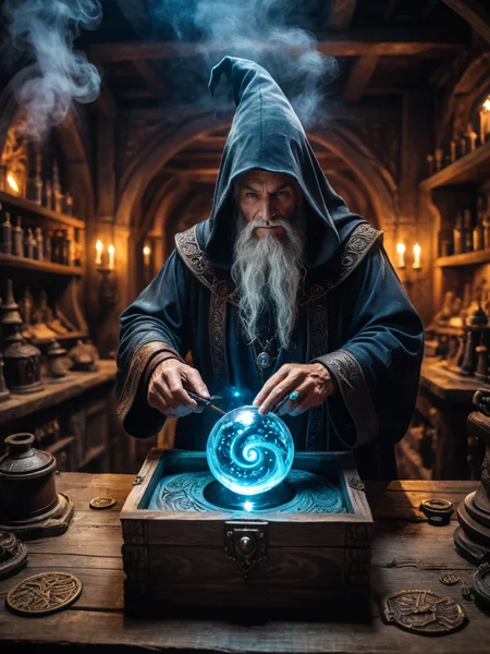 Masterpiece (wide angle shot) , old sorcerer crafting an incantation, (creating a little magic city in a box:1.9), standing on an old carved table in a mage laboratory. (night ambiance:1.6), dark brooding magic look, fantastic view.
<lora:xl_more_art-full_v1:0.5> <lora:EnvyInkSwirlXL01:0.3> swirling ink
