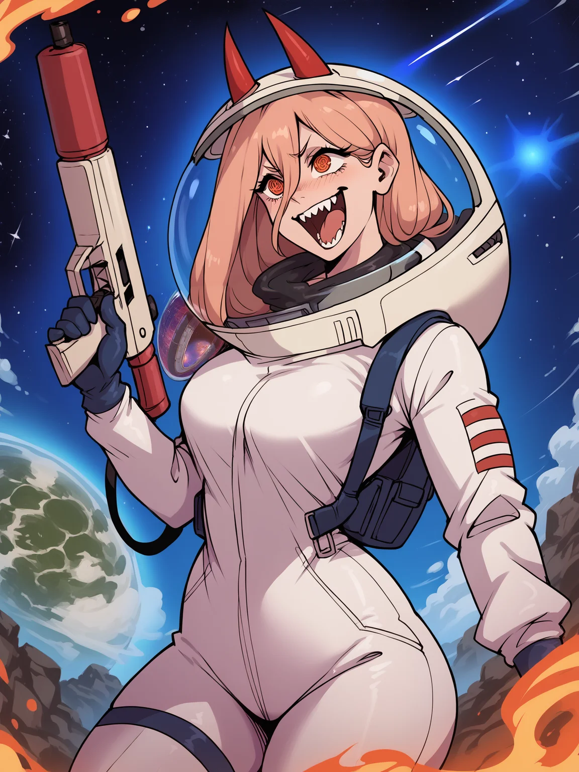 score_9, score_8_up, score_7_up, source_anime, rating_safe, high quality, detailed background, space, cowboy shot BREAK
power \(chainsaw man\), solo, tied hair, spacesuit, space helmet, laser rifle, firing, laughing <lora:MKTFv2-PD:1.0>