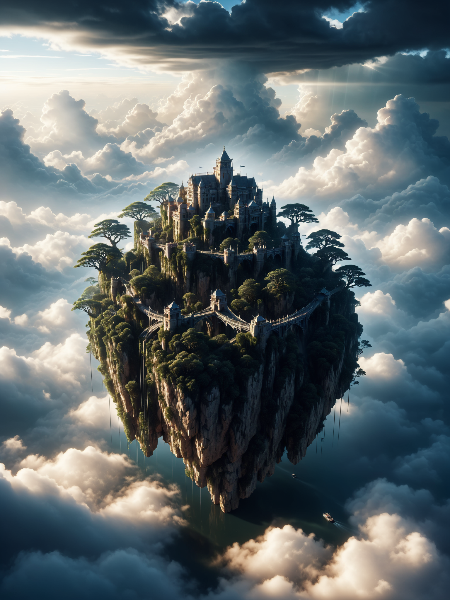 castle on floating islands connected by bridges, dense clouds, light rays, mad-abvthclds <lora:Above_the_Clouds_SDXL:1>, raw photo, film grain, Fujifilm XT3, (photorealistic, realistic:1.2), deep shadow,  8k, uhd, dslr, ultra high res