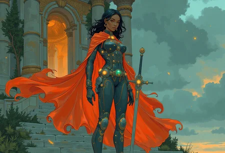 A striking dark-skinned woman, her muscular physique visible through the gleaming scales of her futuristic armor, standing tall on the ancient steps of a long-forgotten temple. A fiery red cloak flutters dramatically behind her, billowing in the gentle breeze as it contrasts with the deep blue and grey tones of the sky above. The cloak is adorned with intricate gold stitching that shimmers under the soft light filtering through the clouds. Her piercing eyes, reflecting the wisdom of ages, gaze directly into the camera lens, holding the viewer in a firm yet serene grip. In her right hand, she wields a sleek, futuristic sword with an emerald-encrusted hilt, a symbol of power and protection. The left hand rests at her side, hinting at unseen abilities or technology. The temple behind her is a blend of crumbling grandeur and futuristic augmentations, with ivy-covered pillars intertwined with gleaming metal structures. Above, the sky is a canvas of brooding clouds that whisper of an impending storm, yet the light casts a warm, ethereal glow upon her, highlighting her prominence. The steps she stands on are worn from centuries of use, each stone telling a silent story of battles won and lost. Her posture is relaxed yet poised, ready to face any challenge that may emerge from the shadows of the surrounding forest or the unpredictable future.