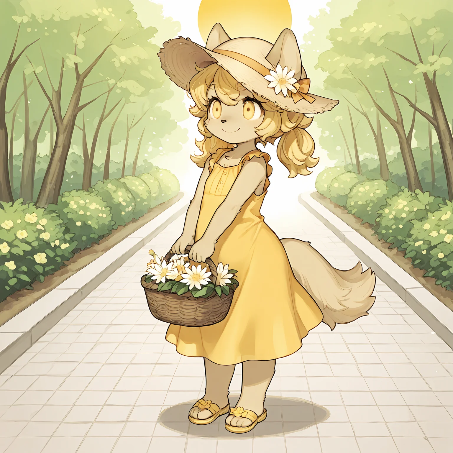 masterpiece, best quality, (absurdres), (highest quality), amazing quality, very aesthetic, no humans,
BREAK, <lora:Mei_Marzipan_Illustrious_V1:1>, mei marzipan, fuga: melodies of steel, kemono, furry female, 1girl, child, beige fur, blonde hair, yellow eyes, dog girl, animal ears, dog tail, dog ears, twintails, bangs,
BREAK, yellow sundress, big yellow sun hat, flower basket, yellow sandals,
BREAK, (solo), full body, summer, park, sunny, happy, smile, looking away