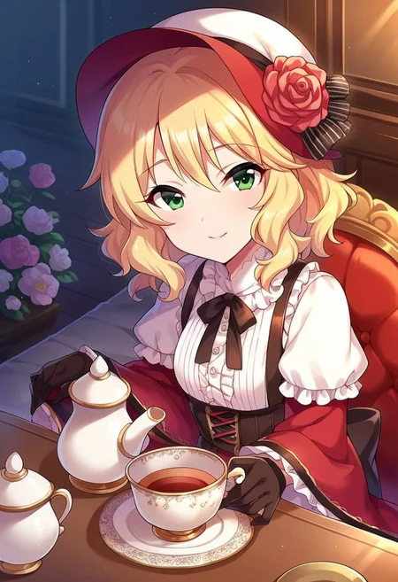 score_9, score_8_up, score_7_up, score_6_up, score_5_up, score_4_up,sakurai momoka, blonde hair, green eyes, short hair, 1girl, gloves, flower, solo, wavy hair, hat, jewelry, cup, looking at viewer, teacup, teapot, table, sitting