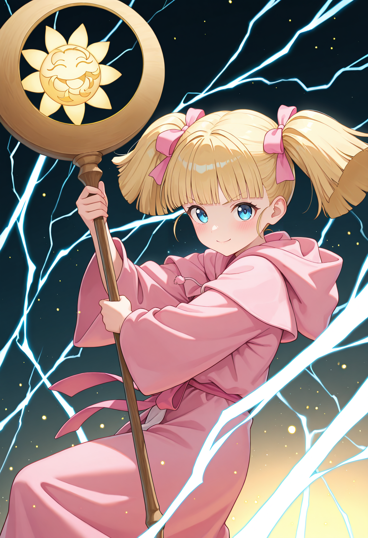 highres, best quality, masterpiece, magic, lightning, light particles,
1girl, solo, rurupom, short twintails, blonde hair, blue eyes, blunt bangs, pink ribbon, hair ribbon,
hood, pink robe,
holding staff, sun symbol, crescent,
looking at viewer, blush, smile, closed mouth, 
dynamic pose, action pose, serious,
<lora:_ruru_comupom-elesico-ilxlE:1>