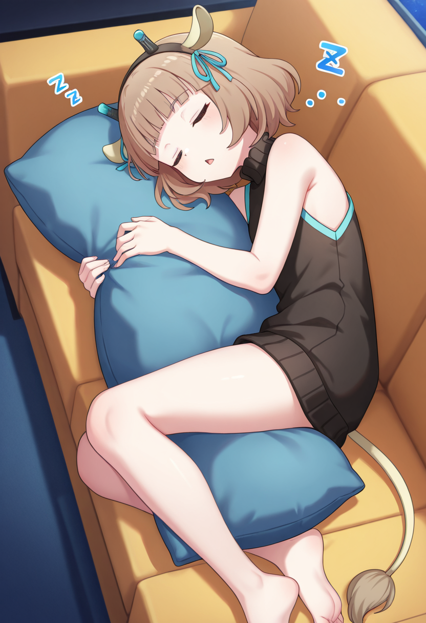 1girl,solo,<lora:gililiil:0.8>,gilili_(show_by_rock!!),closed eyes,brown hair,short hair,blunt bangs,hairband,horns,hair ribbon,animal ears,tail,sleeveless,bare shoulders,black sweater,cowboy_shot,night,on_side,fetal_position,barefoot,sleeping,open mouth,chestnut mouth,zzz,dark,couch,pillow_hug,hugging_object,masterpiece,best quality,good quality,newest,incredibly absurdres,