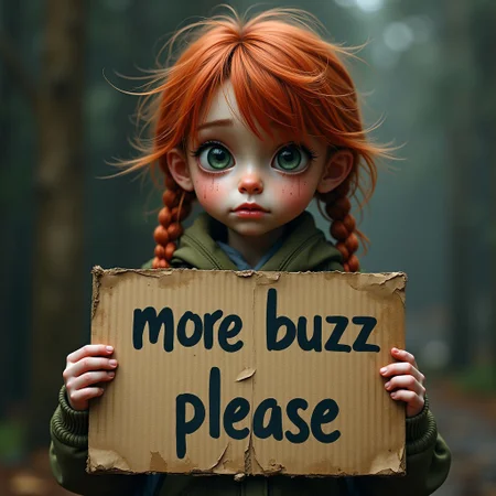 A Masterpiece Hyperrealistic photo of a girl beggar. Her clothes are disheveled, dirty, and worn. She has red messy hair. She has large green eyes that evoke feelings of sorrow. She has a cardboard sign that reads "more buzz please" written in marker. The image should be intricately detailed and ensuring to induce feelings of empathy and compassion. The scene should show how impoverished the girl is and how much she needs more buzz to survive. It should be an HD DSLR photorealistic image.