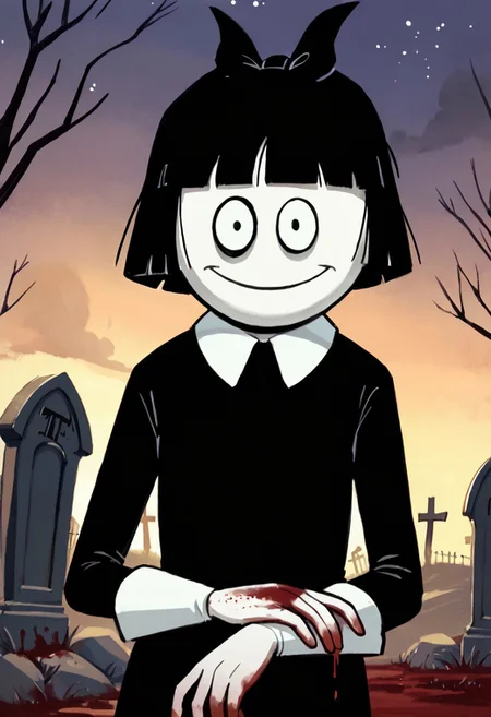 score_9, score_8_up, score_7_up BREAK CrepSus, 1girl, black hair, black bob cut, blunt bangs, black eyes, pale skin, black bow, white-collared long black dress, long white cuffs, staring at viewer, night graveyard background, nightly cemetery outdoors, blood drips, blood stains, blood-stained hands, smiling,