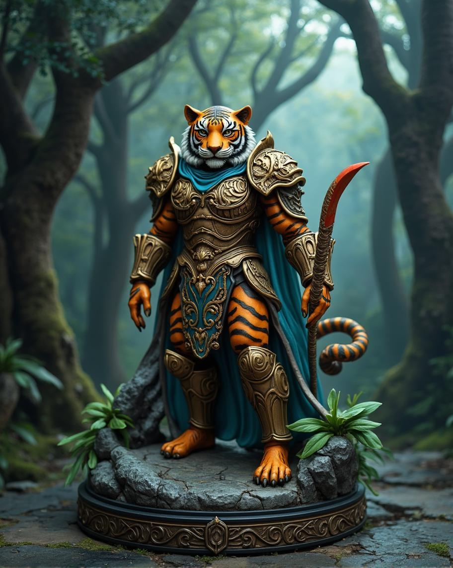 <lora:mrpcanrnet2.safetensors:1> mrpdamierThe Fantasy Warrior Statue is a masterpiece of intricate design, featuring a tiger warrior in elaborate armor with vibrant accents, standing heroically before a misty forest backdrop crafted from durable resin. This epic fantasy-inspired piece demands attention, transporting viewers to a realm of myth and legend. Perfect for enthusiasts of the genre, it's an exceptional display centerpiece, available on Amazon and Etsy.