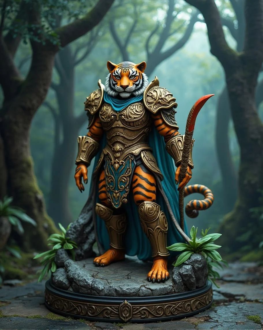 <lora:mrpcanrnet2.safetensors:1> mrpdamierThe Fantasy Warrior Statue is a masterpiece of intricate design, featuring a tiger warrior in elaborate armor with vibrant accents, standing heroically before a misty forest backdrop crafted from durable resin. This epic fantasy-inspired piece demands attention, transporting viewers to a realm of myth and legend. Perfect for enthusiasts of the genre, it's an exceptional display centerpiece, available on Amazon and Etsy.