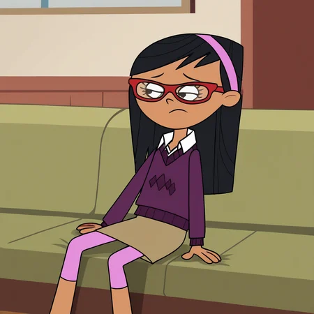 score_9_up, score_8_up, BREAK, 1girl, solo, JenniferShope, black hair, long hair, tan, hairband, glasses, red-framed eyewear, sweater, skirt, <lora:JenniferShope_RE_PXL_Leaf1:1>, indoors, on couch,