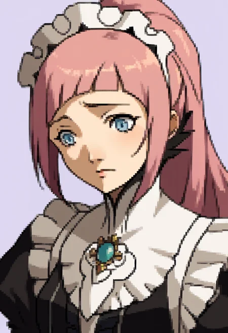 score_9, score_8_up, score_7_up, source_anime, BREAK ,solo, 1girl, <lora:P2-Protraits-pdxl_Fp:1>, portrait, simple background, <lora:felicia-fe-richy-v1_xl:1>, feliciadef, pink hair, ponytail, blue eyes, maid headdress, brooch, maid apron, black thighhighs, bridal gauntlets,