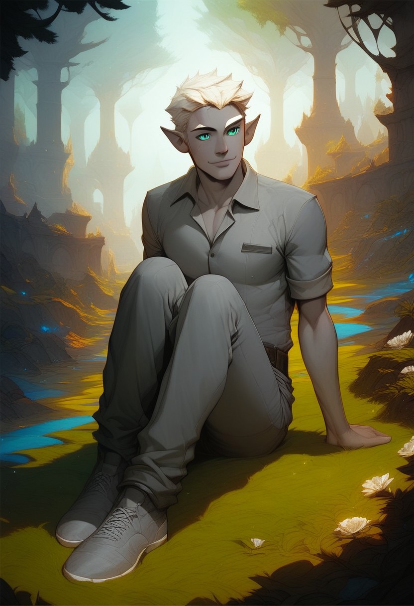 (score_9, score_8_up:1.1), score_7_up, score_9, score_8_up, score_8, score_7_up, dynamic angle, (((full body))), masculine, relaxing, leaning on riverbank, 1boy, solo, sexy, athletic, vox machina style, solo, warlock, fantasy, forest background, (dynamic lighting:1.1) ((masterpiece)), detailed eyes, (((detailed iris))), pupils, perfecteyes, perfect eyes, best quality, ((masterpiece)), sharp cheekbones, gaunt face, defined cheekbones, 28 years old, (adult, mature), hard face, slight smile, ((thin lips)), (half_elf:0.5), dark elf, (((grey skin))), ((((white hair)))), (((short hair))), professional, (legion haircut), (short cut sides), (short bangs), (((white eyebrows))), light eyebrows, ((((pale grey ((((short)))) tipped ears)))), pointed_ears:0.5, ((short pointed ears)), eyebrow scar on left side of face, cheek scar, ((detailed turquoise eyes))