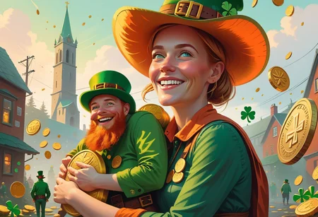 Front 3/4 view portrait IRELAND themed Picture illustration of a
hilariously happy woman happily hugging a
massive, translucent, multicolor, human-sized leprechaun-shaped thing.
Celtic symbols, golden coins, quarterfoils and St. Patrick's Day elements are scattered all around.
Many details everywhere. Ray-Tracing. Anti-Aliasing. Realistic reflections. Realistic soft shadows. Moody. Disturbing. Insane quality. Insane resolution. Insane details. Masterpiece. 
by Simon Stalenhag.