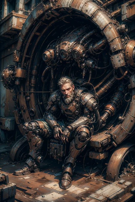 (masterpiece:1.1), (best quality:1.1), (vibrant colors:1.2), BREAK,
(futuristic:1.1), (surreal:1.1), (vintage:1.0), BREAK,
(solo:1.2), (dynamic angle:1.0), (full body:1.0), (rugged old man:1.2), (beard:1.1), (robot:1.1), (mechanical parts:1.1), (torn clothes:1.1), (rusty:1.0), (tired:1.0), (exhausted:1.0), (dirty:1.0), <lora:dark_style:0.7>, <lora:Clothing - Rusty Armor:0.6>,
