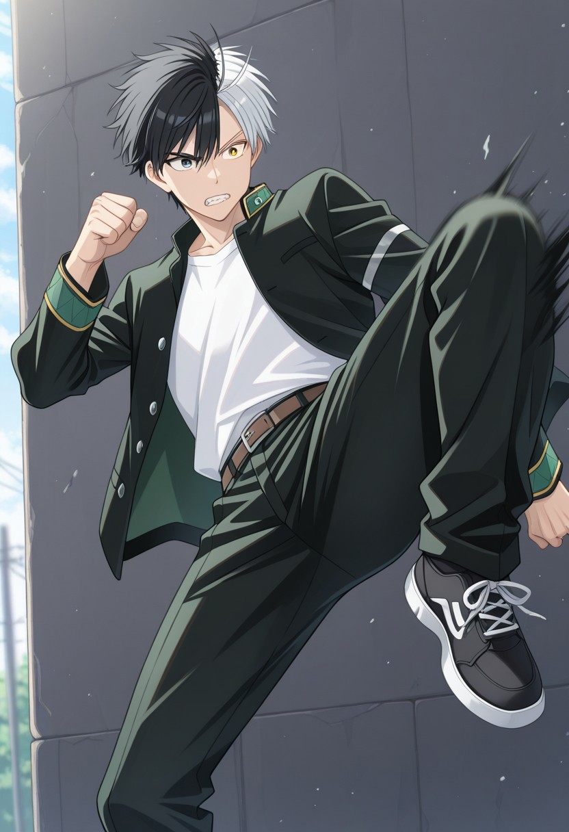 masterpiece,best quality,amazing quality, source_anime, 
sakuharuka, 1boy, male focus, solo, heterocromia, grey eyes, yellow eyes, split-color hair, black hair, white hair, school uniform, jacket, black jacket, open jacket, shirt, white shirt, belt, pants, black pants, shoes, sneakers, black footwear, outdoor, teeth, kicking,